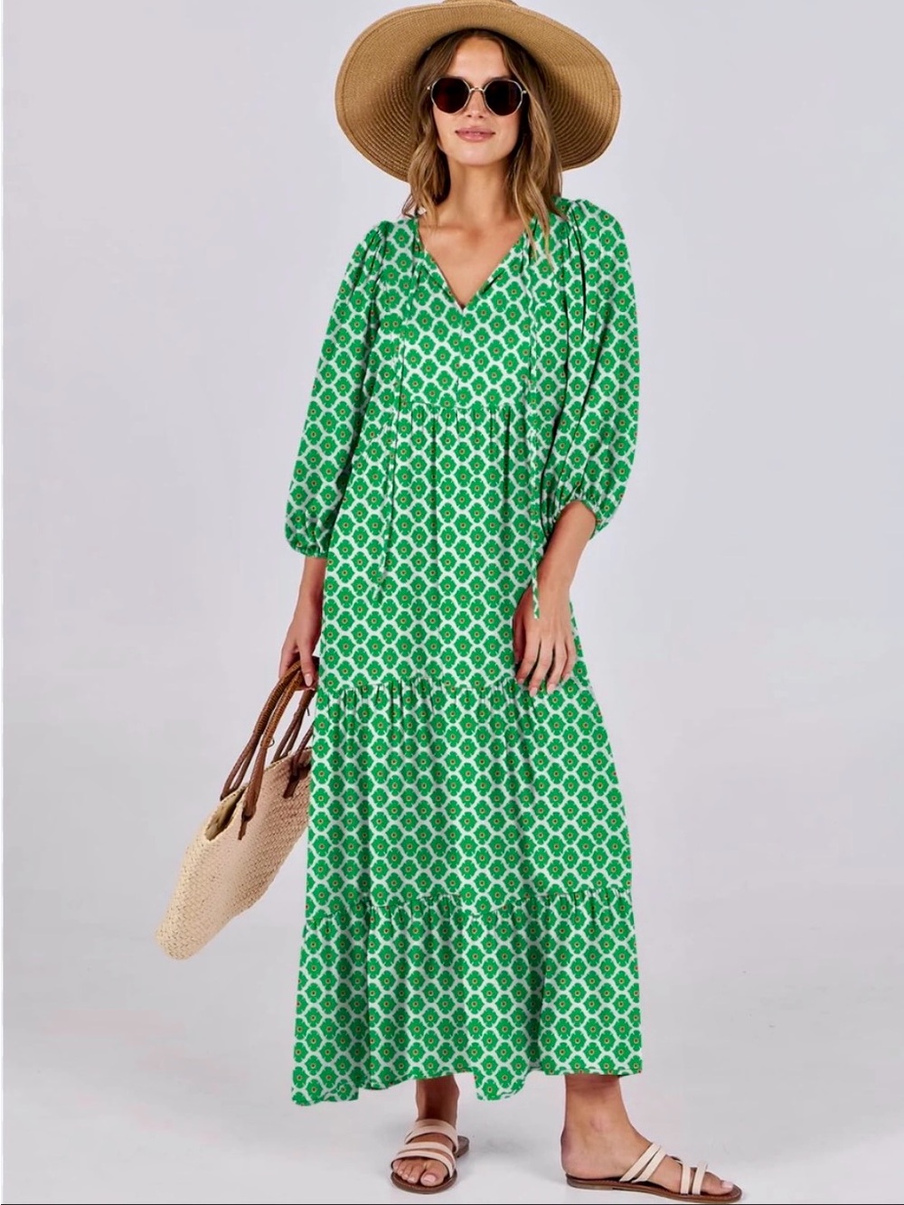 Green Printed V-Neck and 3/4 Sleeve Maxi Dress